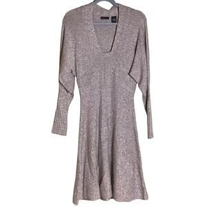 Moda International Women’s knit  V- Neck long Slv  Midi Tan Knit Dress  Sz. Sm